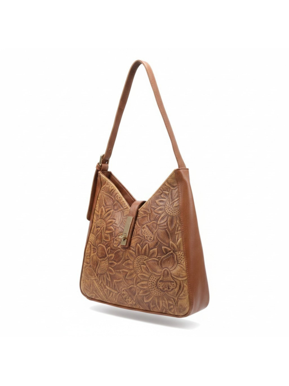 Honey Brown Sunflower Embossed Tooled Artisan LEATHER Shoulder Bag Purse - Picture 16 of 16